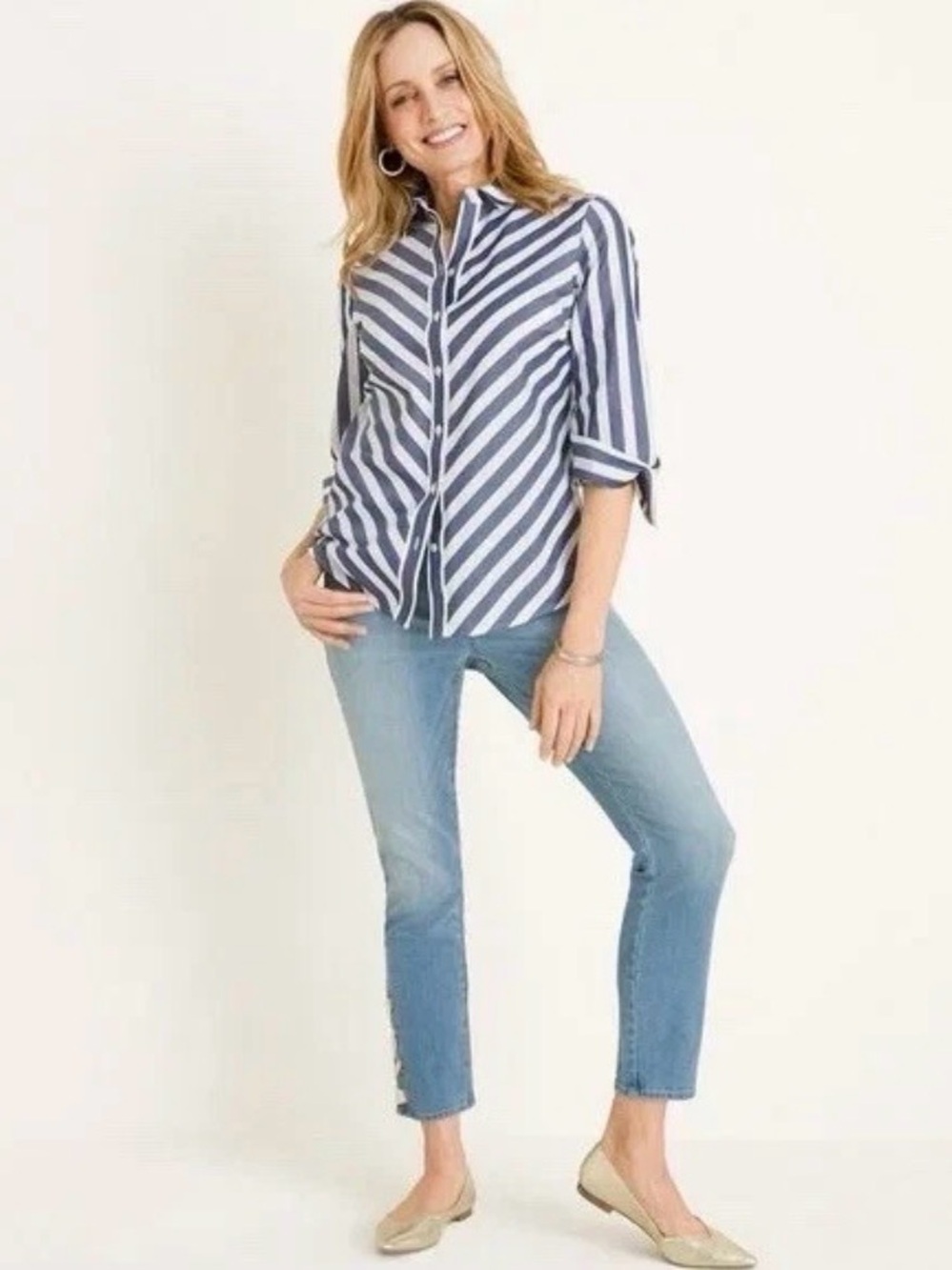 •CHICOS• No Iron 3/4 Sleeve Button Up Navy White Diagonal Stripe